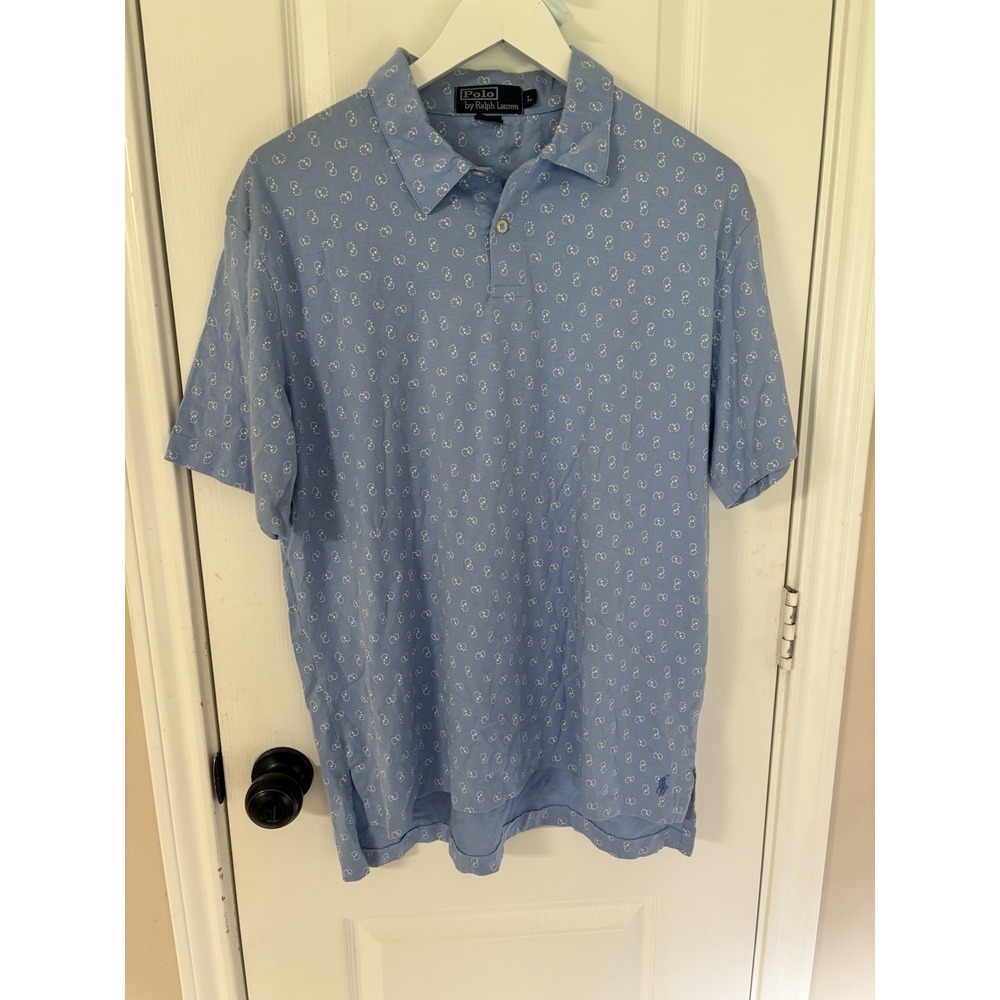 Polo Ralph Lauren Polo Shirt Mens L Light Blue Micro Paisley Print Cotton Golf